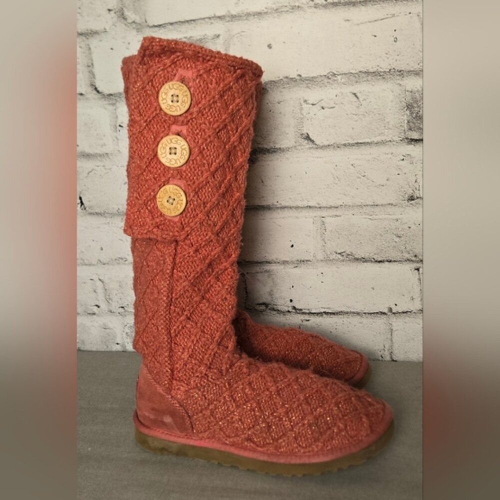 UGG Australia Classic Cardy Knit Button Boots Women’s 8 Coral Orange Tall Cozy - Picture 4 of 11